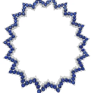 SAPPHIRE AND DIAMOND NECKLACE Cushion and oval-shaped sapphires, round, marquise and pear-shaped diamonds, 18k white gol