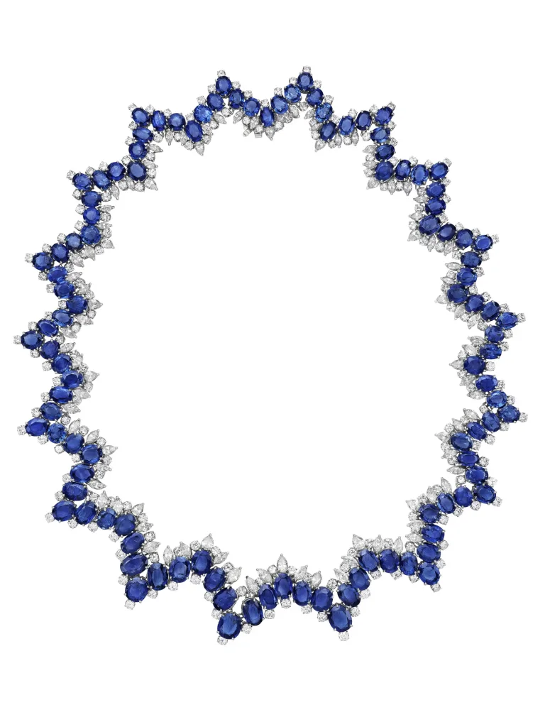 SAPPHIRE AND DIAMOND NECKLACE Cushion and oval-shaped sapphires, round, marquise and pear-shaped diamonds, 18k white gol