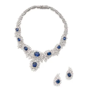 Sapphire and diamond necklace set |The necklace of cluster design, set with marquise and round diamonds, the front featu