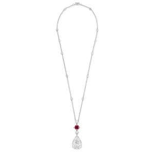 STUNNING DIAMOND, RUBY AND COLOURED DIAMOND PENDENT NECKLACE Pear brilliant-cut diamonds of 22.18 carats, cushion-shaped