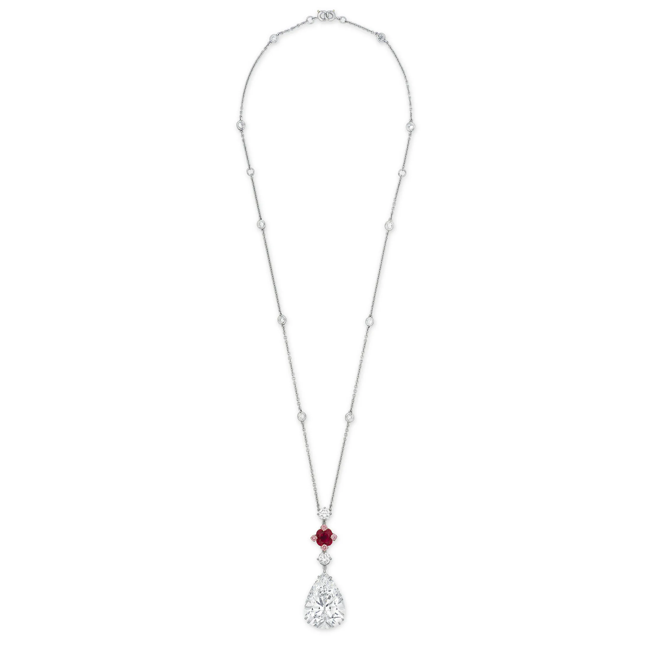 Rubies in the Royal Box 3. Diamond, ruby and coloured diamond pendent necklace with pear brilliants
