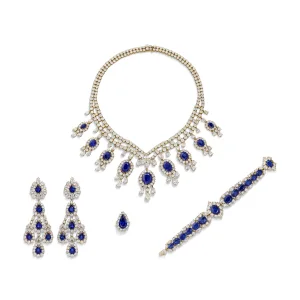 SUITE OF SAPPHIRE AND DIAMOND JEWELLERY Comprising a necklace, a bracelet, a pair of earrings and a ring Pear-shaped sap