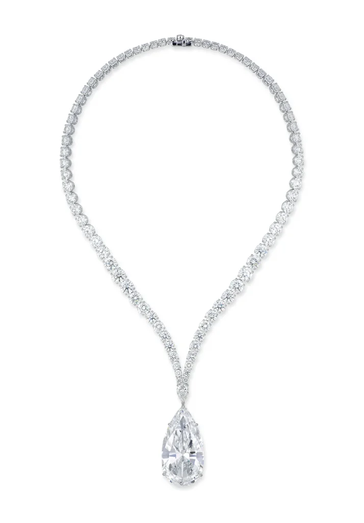 THE SPECTACULAR SNOWDROP DIAMOND PENDENT NECKLACE , pear drop of 30 carats D flawless type. IIA