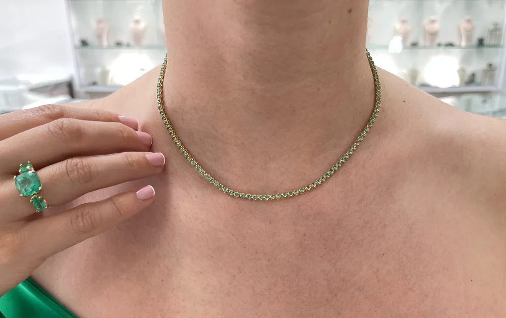 Trendy Green Emerald Round Prong Tennis Necklace 14K Gold- 16 inches