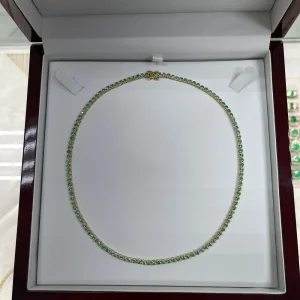 Trendy Green Emerald Round Prong Tennis Necklace 14K Gold- 16 inches